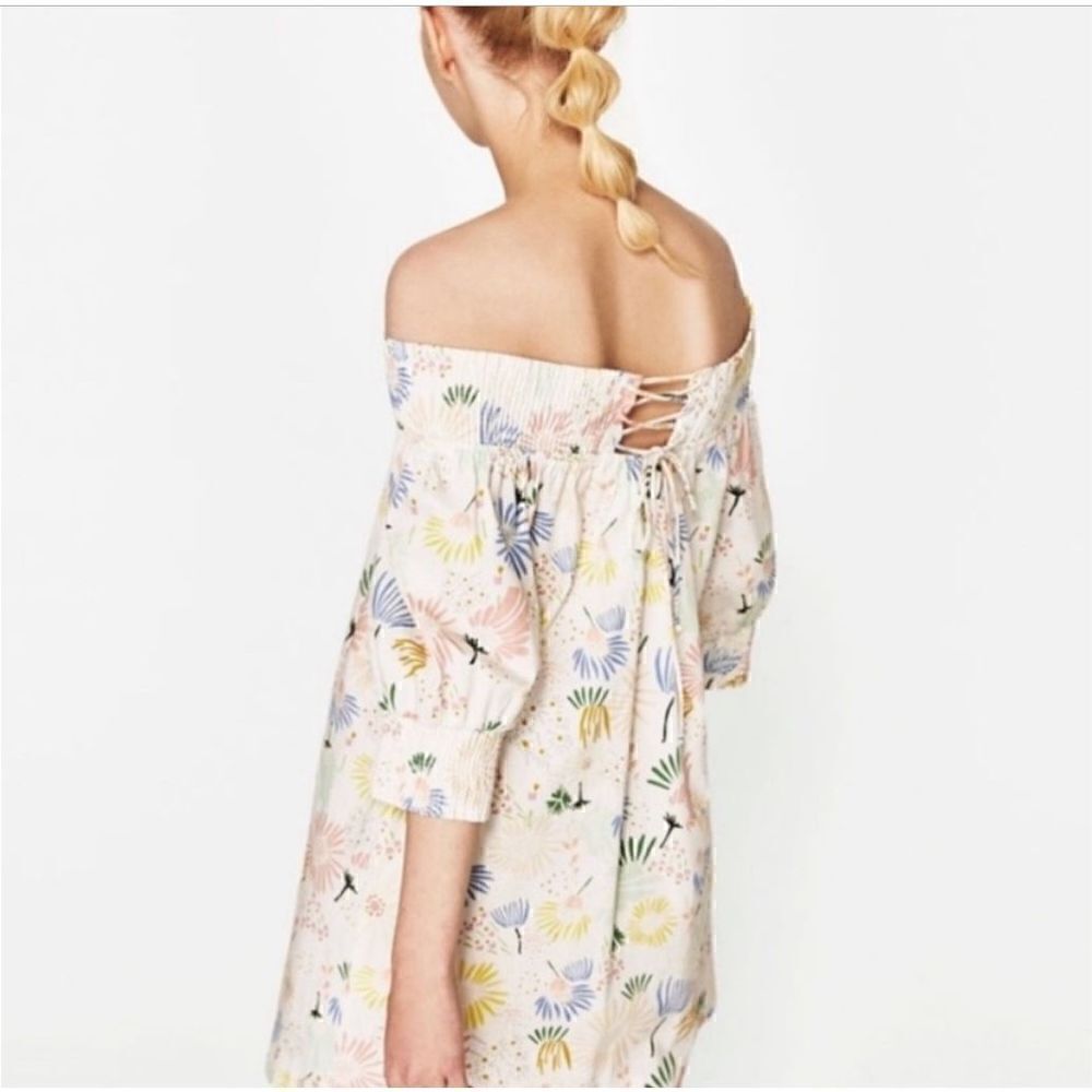 Zara Floral Multicolor Smocked Off-The-Shoulder Mini Dress - size S - Picture 3 of 10